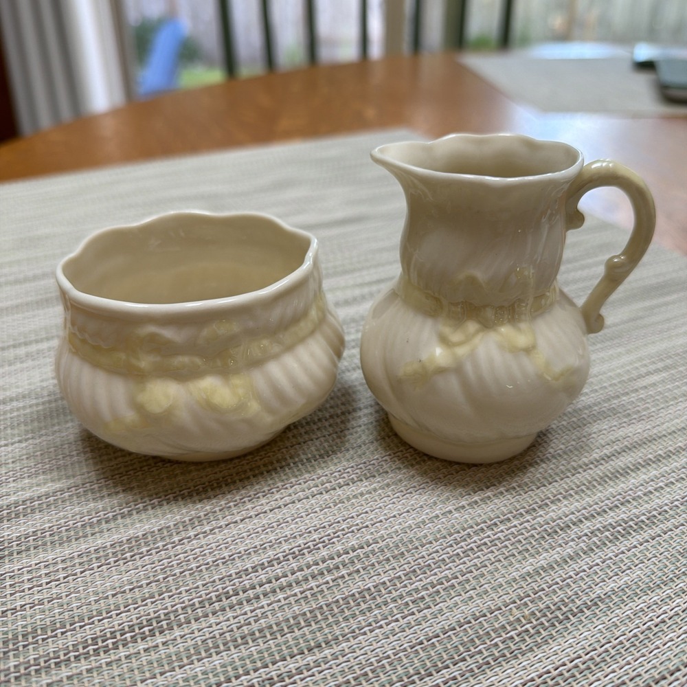 Belleek Ribbon Design Creamer & Sugar 3rd Mark 1926-1946